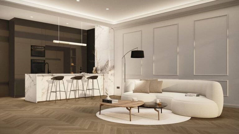 architekt wnętrz Białystok - Projekt wnętrza salonu modern glamour